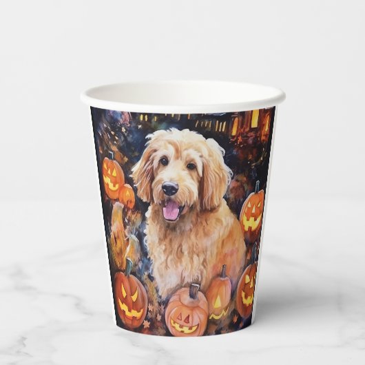 Halloween Goldendoodle mit Pumpkins Beängstigend Pappbecher (Rückseite)
