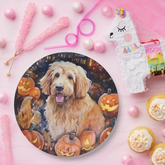 Halloween Goldendoodle mit Pumpkins Beängstigend Pappteller (Party)