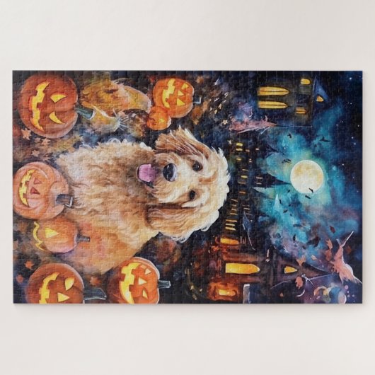 Halloween Goldendoodle mit Pumpkins Beängstigend Puzzle (Horizontal)