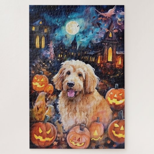 Halloween Goldendoodle mit Pumpkins Beängstigend Puzzle (Vertikal)