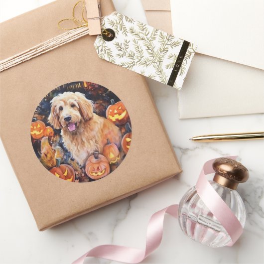 Halloween Goldendoodle mit Pumpkins Beängstigend Runder Aufkleber (Schenken)