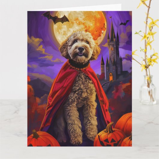 Halloween Goldendoodle Vampire Pumpkins Beängstige Karte (Gelbe Blume)
