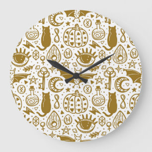 Halloween goldene Tinte, nahtloses Silhouettenmust Große Wanduhr