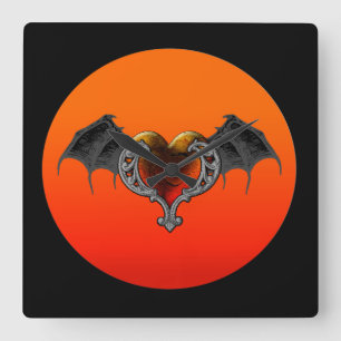 Halloween-Goth-Orange Herz & Fledermaus Flügel Wan Quadratische Wanduhr