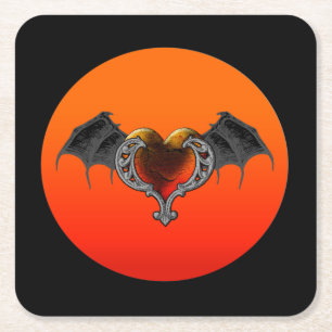Halloween-Goth-Orange-Herz mit Fledermausflügeln U Rechteckiger Pappuntersetzer