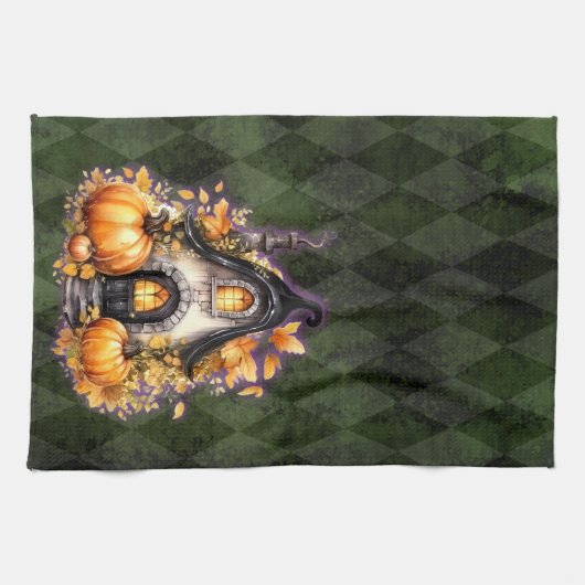 Halloween Gothic Fall Fairy Hütte Grüne Raute Geschirrtuch (Horizontal)
