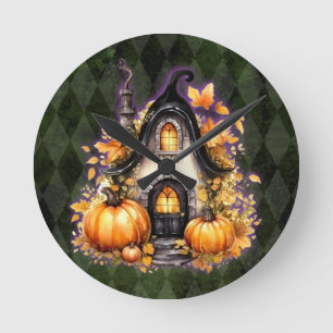 Halloween Gothic Fall Fairy Hütte Grüne Raute Runde Wanduhr
