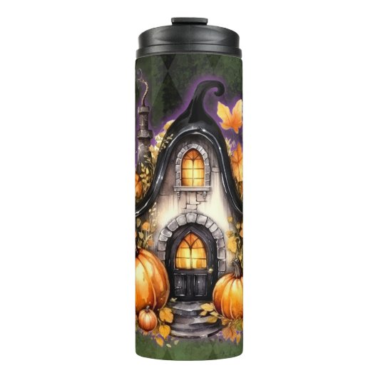 Halloween Gothic Fall Fairy Hütte Grüne Raute Thermosbecher (Vorderseite)