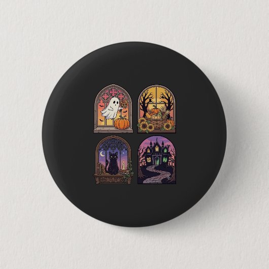 Halloween Gothic-Fenster-Geist-Kürbis-Schwarze Kat Button (Vorderseite)