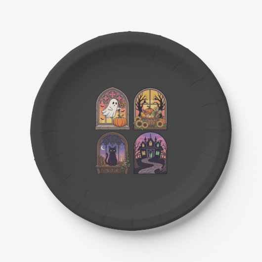 Halloween Gothic Fenster Geist Kürbis Schwarze Kat Pappteller (Vorderseite)