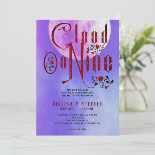 Halloween Gothic Script & Rose Cloud Nine Wedding Einladung (Stehend Vorderseite)