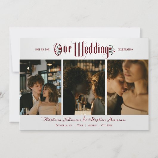 Halloween Gothic Script Rote Rosen 3 Foto Hochzeit Einladung (Vorderseite)