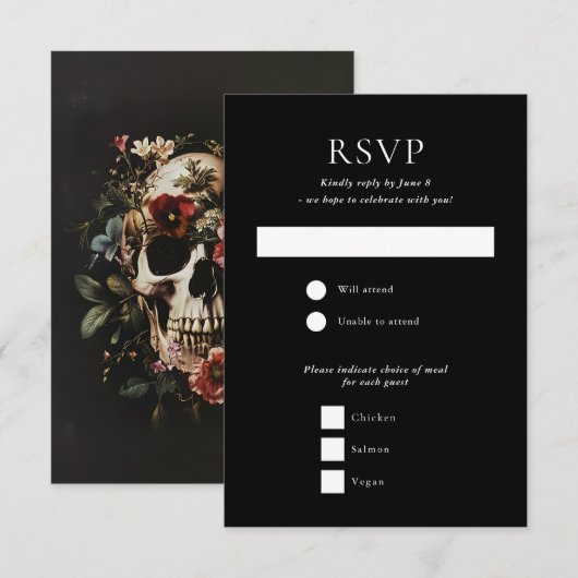 Halloween Gothic Skull Floral Black Wedding RSVP Karte (Vorne/Hinten)