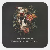 Halloween Gothic Skull Floral Wedding Quadratischer Aufkleber (Vorderseite)