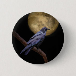 Halloween, Gothic Style Raven and Moon Button