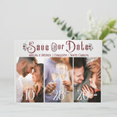 Halloween Gotische Script-Rose Drei Foto Hochzeit Save The Date (Stehend Vorderseite)