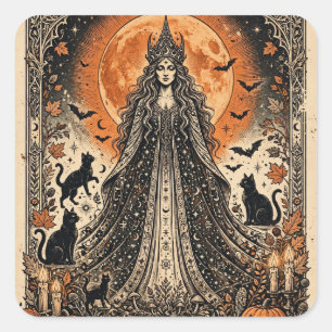 Halloween Göttin Vintage Gothic Hexe Schwarze Katz Quadratischer Aufkleber