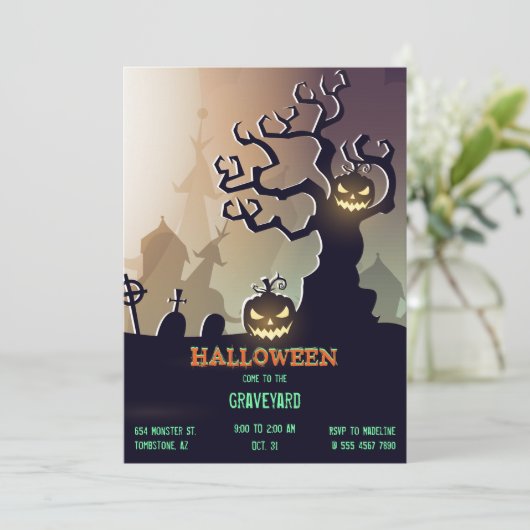 Halloween Graveyard Cemetary Jack O'Lantern Einladung (Stehend Vorderseite)