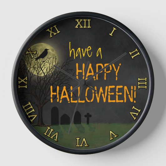 Halloween - Graveyard Crow and Moon Custom Text Wanduhr (Vorderseite)