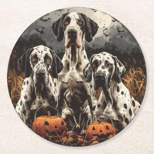 Halloween Great Dane Dogs Kürbislaterne Runder Pappuntersetzer (Vorderseite)