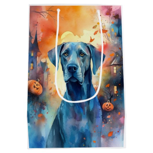 Halloween Great Dane mit Pumpkins Beängstigend Mittlere Geschenktüte (Rückseite)