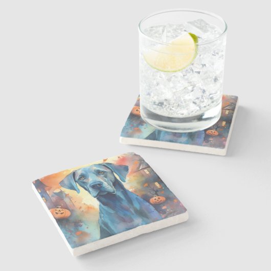 Halloween Great Dane mit Pumpkins Beängstigend Steinuntersetzer (Seitenansicht)