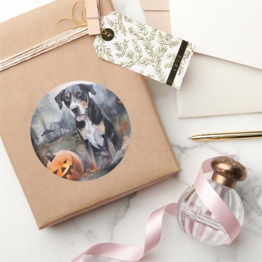 Halloween Greater Swiss mit Pumpkins Beängstigend Runder Aufkleber (Schenken)