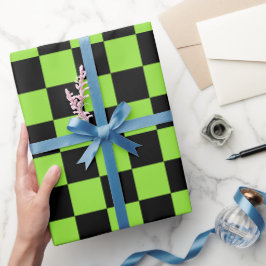 Halloween Green Black Schachbrett Geburtstagsbenut Geschenkpapier