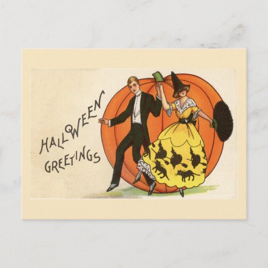 Halloween Greetings Dancing Couple Pumpkin Vintag Postkarte (Vorderseite)