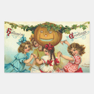Halloween Greetings Pumpkin & Girls Vintag Rechteckiger Aufkleber