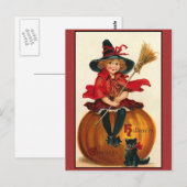 Halloween Greetings Vintag Girl and Cat Postkarte (Vorne/Hinten)