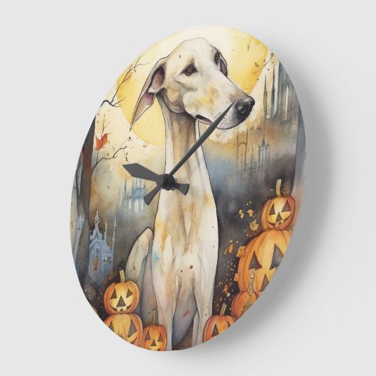 Halloween Greyhound mit Pumpkins Beängstigend Große Wanduhr (Winkel)