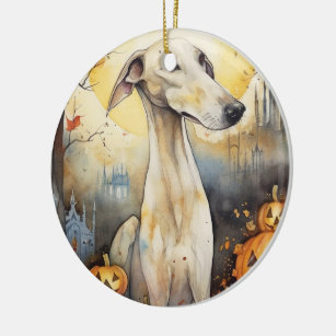 Halloween Greyhound mit Pumpkins Beängstigend Keramik Ornament