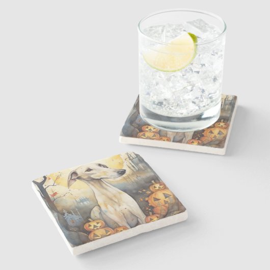 Halloween Greyhound mit Pumpkins Beängstigend Steinuntersetzer (Seitenansicht)