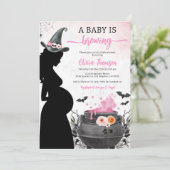Halloween Gril Baby Shower Baby wird brauen Einladung (Stehend Vorderseite)