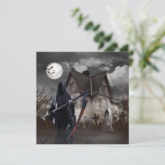 Halloween Grim Sensenmann Spuk House Karte (Stehend Vorderseite)