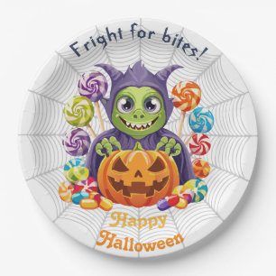Halloween-Grimlin mit Süßigkeiten zum Trick-or-Tre Pappteller