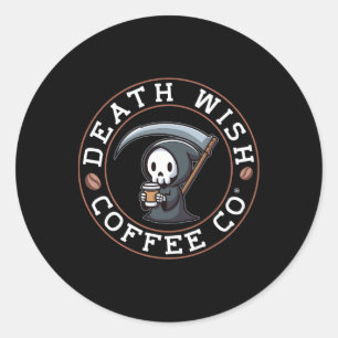 Halloween grimmiger Sensenmann trinkt Kaffee Tod w Runder Aufkleber