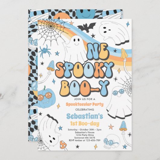 Halloween Groovy Niedlich Ghost 1. Geburtstag Part Einladung (Vorne/Hinten)