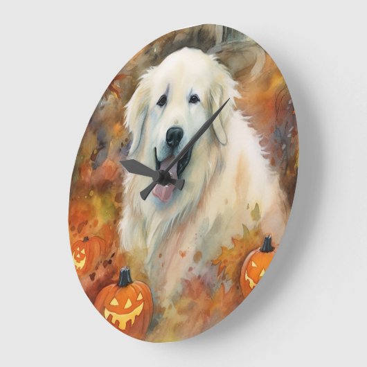 Halloween Große Pyrenäen mit Pumpkins Beängstigend Große Wanduhr (Winkel)