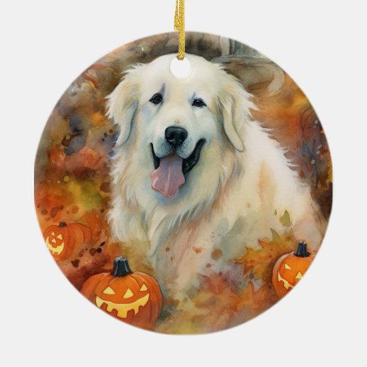 Halloween Große Pyrenäen mit Pumpkins Beängstigend Keramik Ornament (Hinten)
