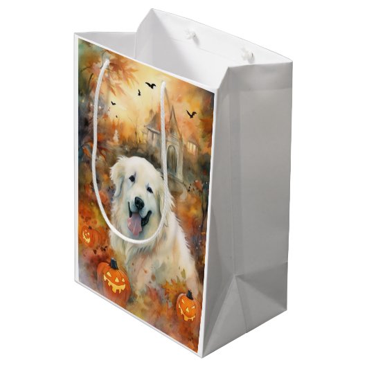 Halloween Große Pyrenäen mit Pumpkins Beängstigend Mittlere Geschenktüte (Rückseite Schrägansicht)