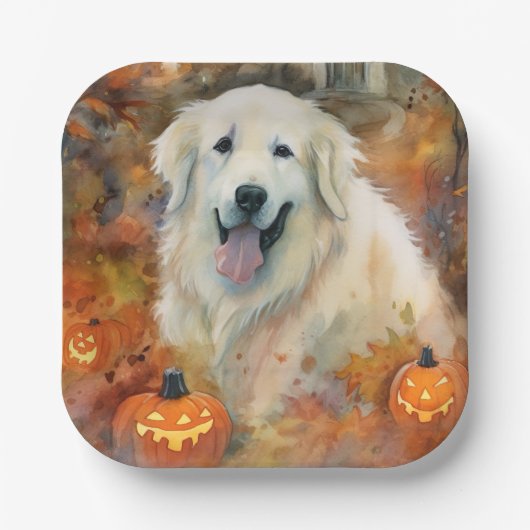 Halloween Große Pyrenäen mit Pumpkins Beängstigend Pappteller (Vorderseite)