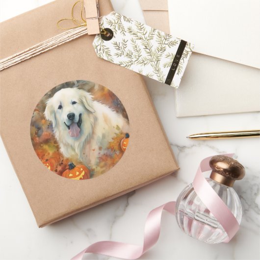 Halloween Große Pyrenäen mit Pumpkins Beängstigend Runder Aufkleber (Schenken)