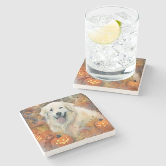 Halloween Große Pyrenäen mit Pumpkins Beängstigend Steinuntersetzer (Seitenansicht)