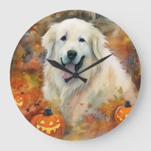 Halloween Große Pyrenäen mit Pumpkins Beängstigend Wanduhr