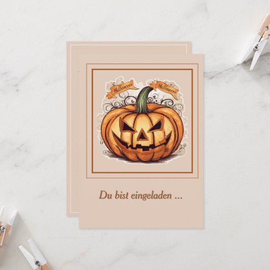 Halloween: Großer Kürbis  -  Einladung (Vorderseite/Rückseite Beispiel)