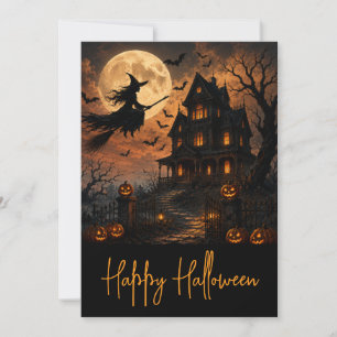 Halloween Gruselige Hexe fliegt über ein Spukhaus Einladung