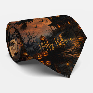 Halloween Gruselige Hexe fliegt über ein Spukhaus Krawatte