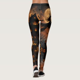 Halloween Gruselige Hexe fliegt über ein Spukhaus Leggings